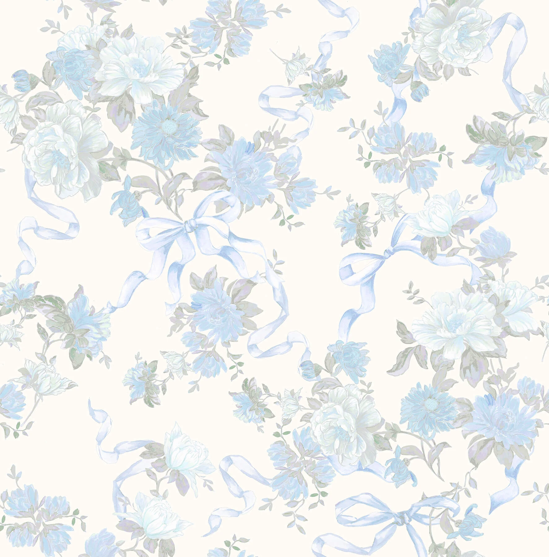 Cabbage Rose Bow Dusty River Blue Ribbons Roses Wallpaper wallpaper by York Wallcoverings