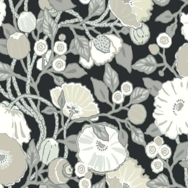 Vincent Poppies Wallpaper Blackneutral wallpaper by York Wallcoverings