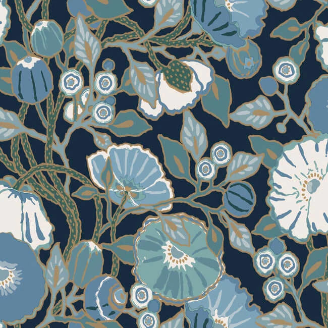 Vincent Poppies Wallpaper Indigo wallpaper by York Wallcoverings