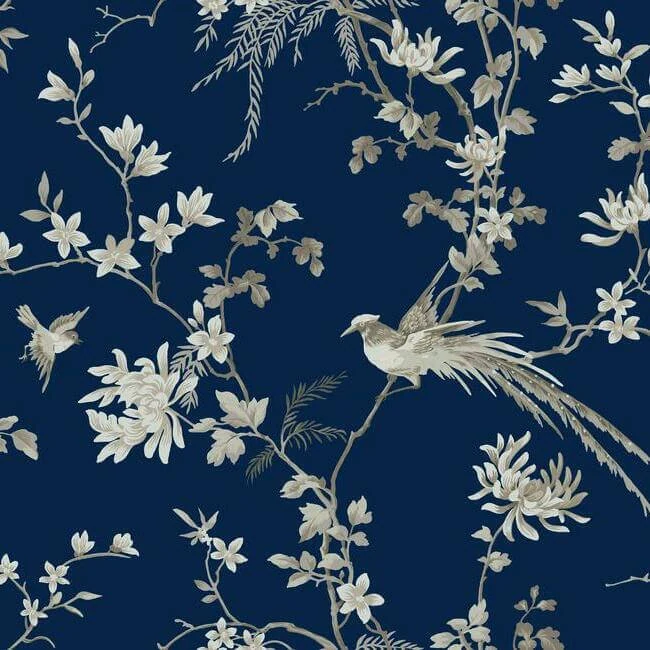 Bird And Blossom Chinoserie Wallpaper Blue wallpaper by York Wallcoverings