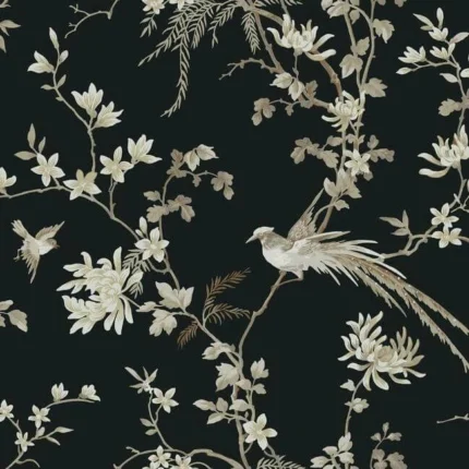 Bird And Blossom Chinoserie Wallpaper Black wallpaper by York Wallcoverings