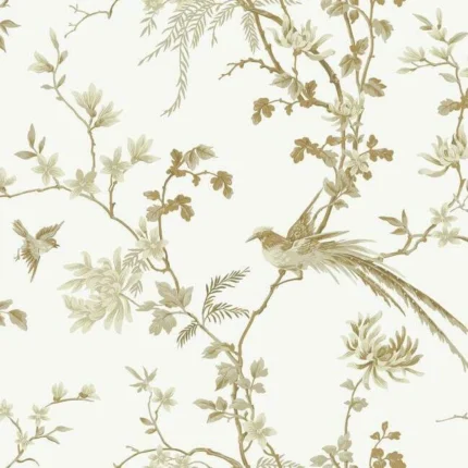 Bird And Blossom Chinoserie Wallpaper Whitegold wallpaper by York Wallcoverings