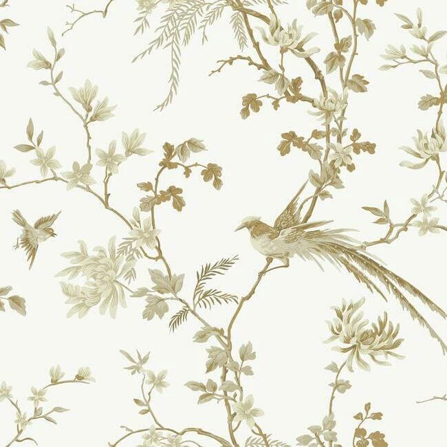 Bird And Blossom Chinoserie Wallpaper Whitegold wallpaper by York Wallcoverings