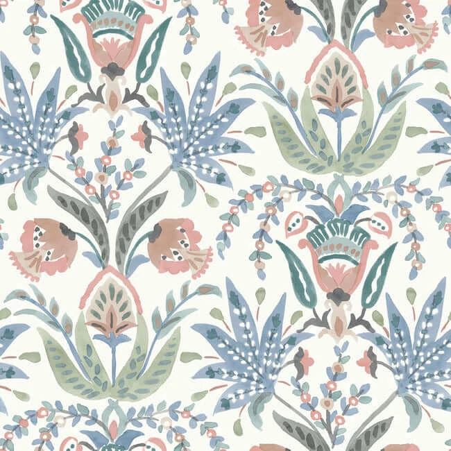 Seaside Jacobean Wallpaper Whitepinkblue wallpaper by York Wallcoverings