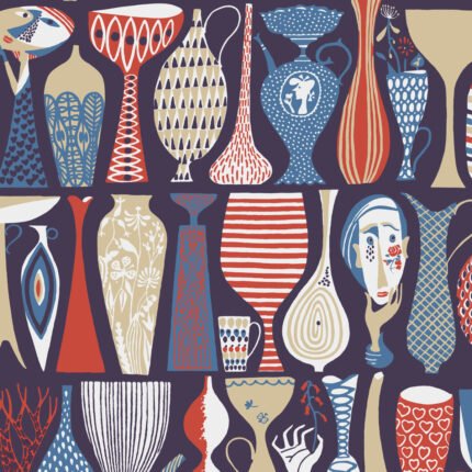 POTTERY NAVY AND RED Wallpaper by Schumacher