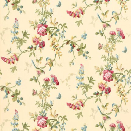 CHICKADEE FLORAL VANILLA Wallpaper by Schumacher Greenhouse Wallpaper SCH-5004361