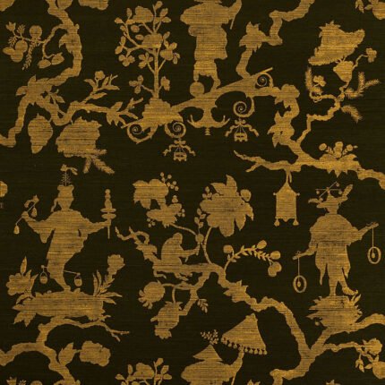 SHANTUNG SILHOUETTE SISAL GOLD ON JET Grasscloth Wallcovering by Schumacher