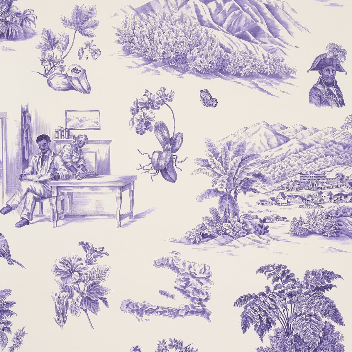 5013772.jpg TOUSSAINT TOILE PURPLE ON CREAM Wallcovering by Schumacher - Image 1