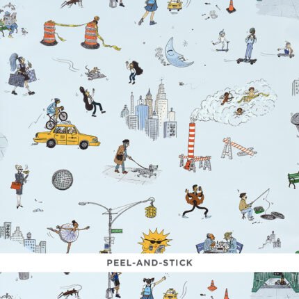 Joana Avillez's Street Scenes MULTICOLOR ON SKY BLUE Wallcovering by Schumacher
