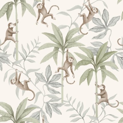 JUNGLE FRIENDS COCOA AND SAGE Wallpaper by Schumacher BORÅSTAPETER Wallpaper SCH-6936