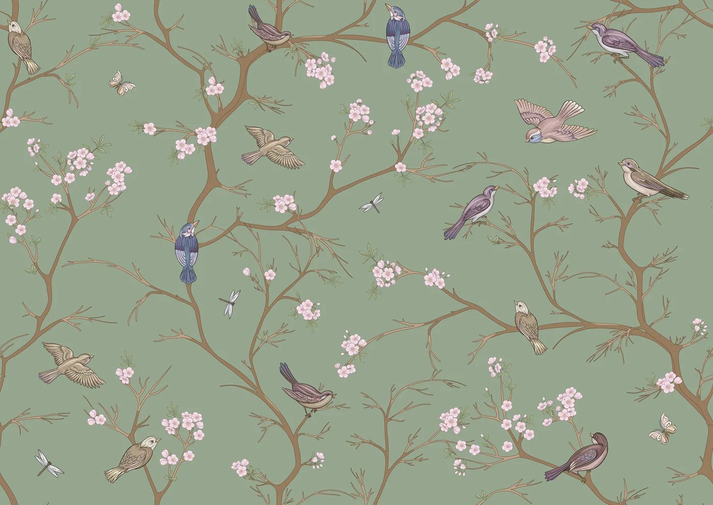 rebelwalls-bird-chinoiserie-green-r22405-flat Bird Chinoiserie, Green - Image 1