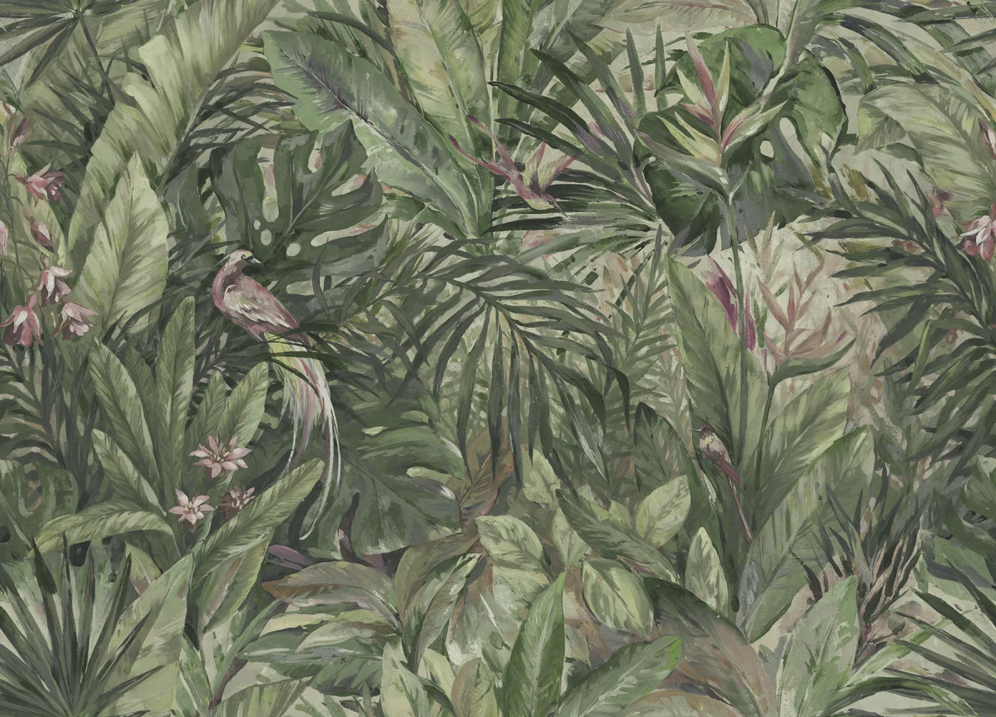 rebelwalls-birds-in-the-jungle-green-r21521-flat Birds in the Jungle, Green | Free Shipping - Image 1