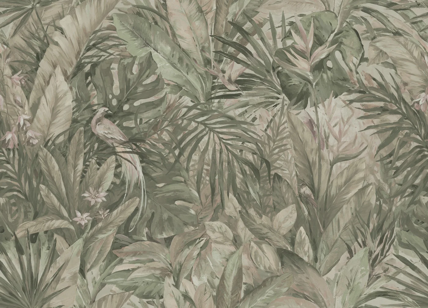 rebelwalls-birds-in-the-jungle-light-green-r21519-flat Birds in the Jungle, Light Green | Free Shipping - Image 1
