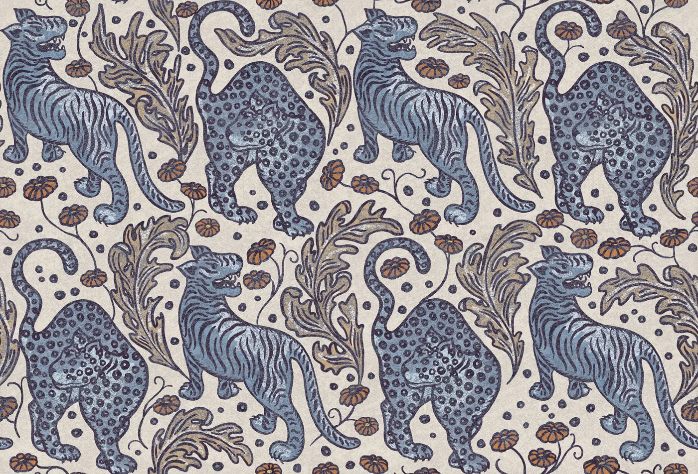 rebelwalls-bold-tigers-blue-r19749-flat Bold Tigers, Blue Pops Rebel Walls Wallpaper R19749