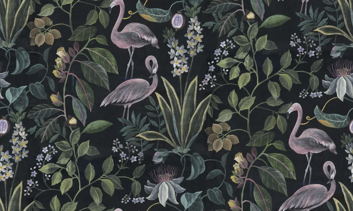 rebelwalls-flamingo-paradise-midnight-r19885-flat Flamingo Paradise, Midnight Pops Rebel Walls Wallpaper R19885