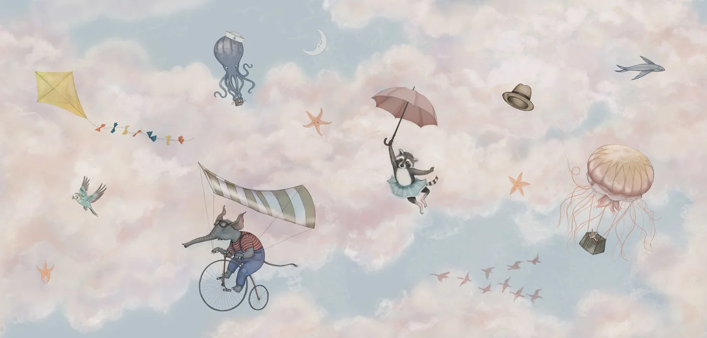 rebelwalls-in-the-clouds-pink-r20590-flat In The Clouds, Pink Family Fun Rebel Walls Wallpaper R20590