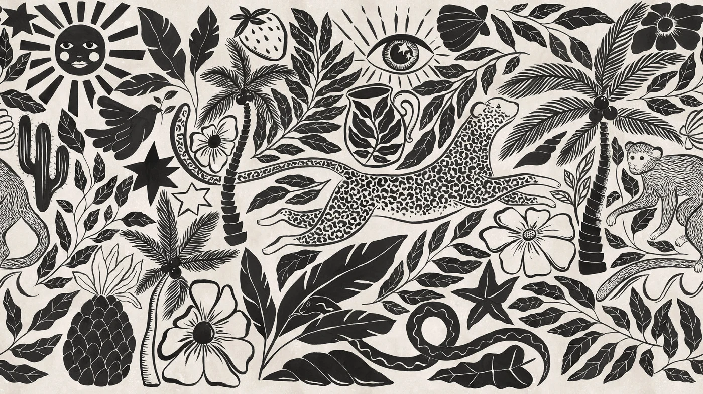rebelwalls-midnight-tropics-black-white-r20505-flat Midnight Tropics, Black & White Symbolic Rebel Walls Wallpaper R20505