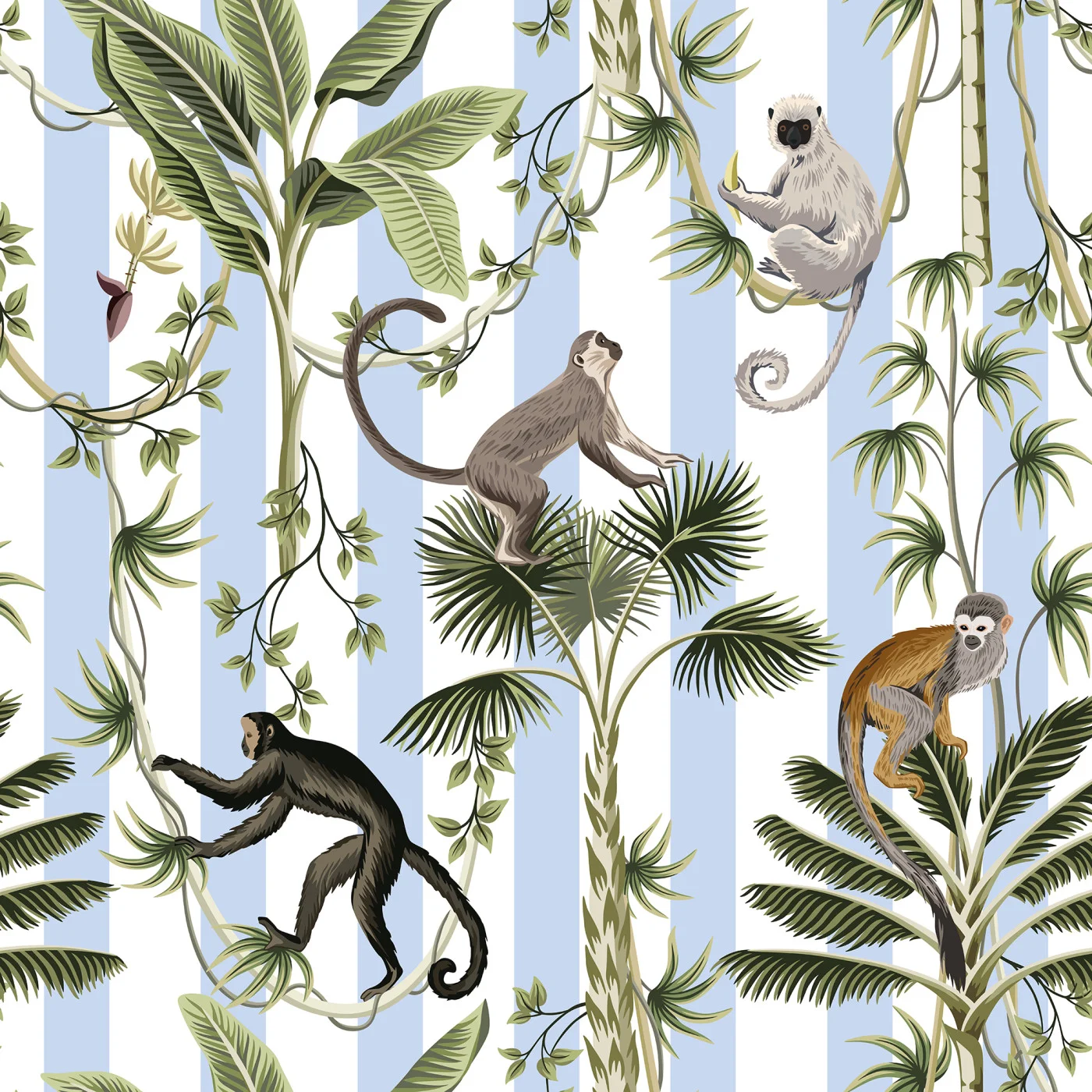 rebelwalls-monkey-stripes-blue-r21202-flat Monkey Stripes, Blue - Image 1