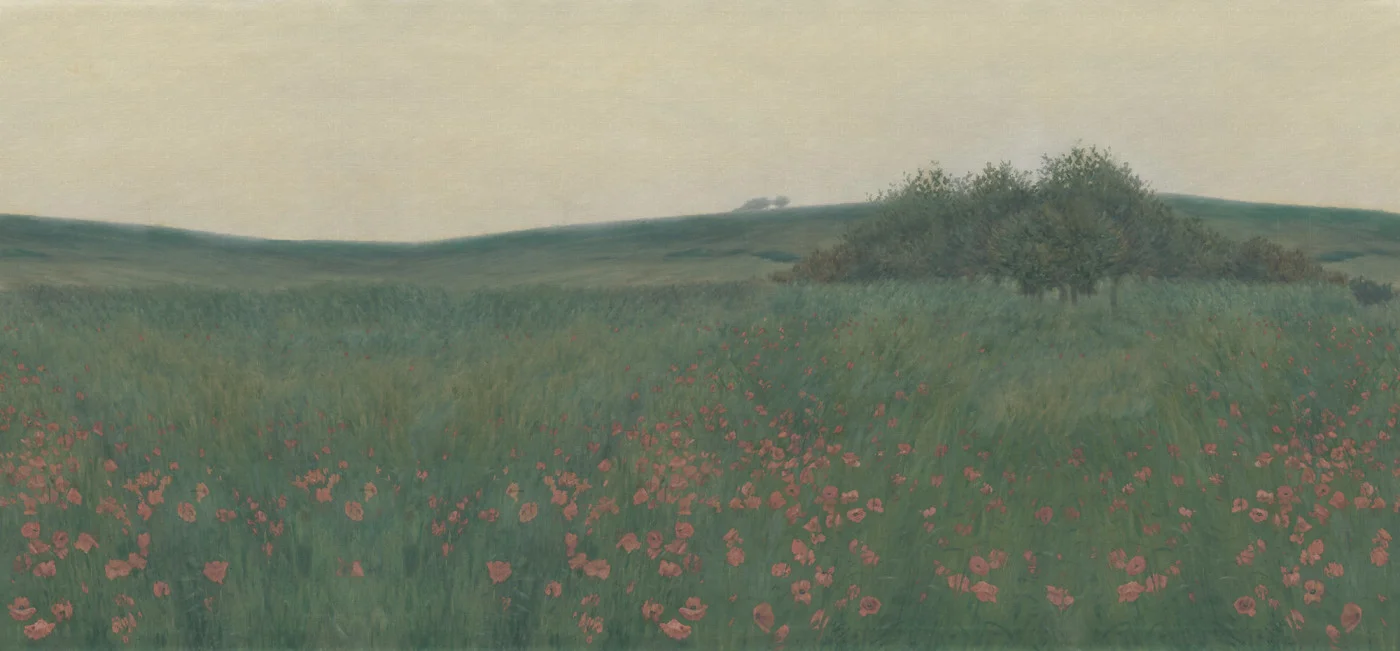 rebelwalls-poppy-landscape-dawn-r21538-flat Poppy Landscape, Dawn, Green Pops Rebel Walls Wallpaper R21538