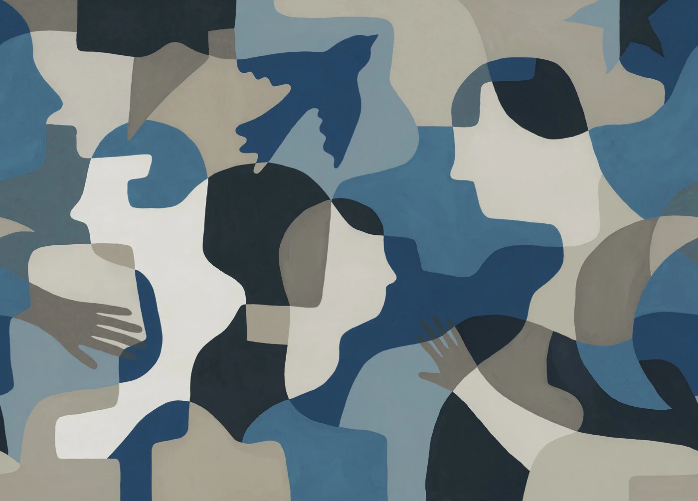 rebelwalls-silent-conversation-blue-r21260-flat Silent Conversation, Blue Symbolic Rebel Walls Wallpaper R21260