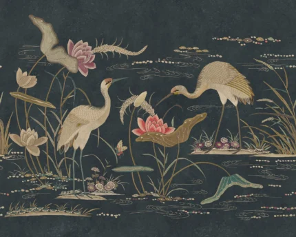 Seabirds Dark Blue Botanical Mural by Sandberg Chinoiserie Garden Wallpaper S10419
