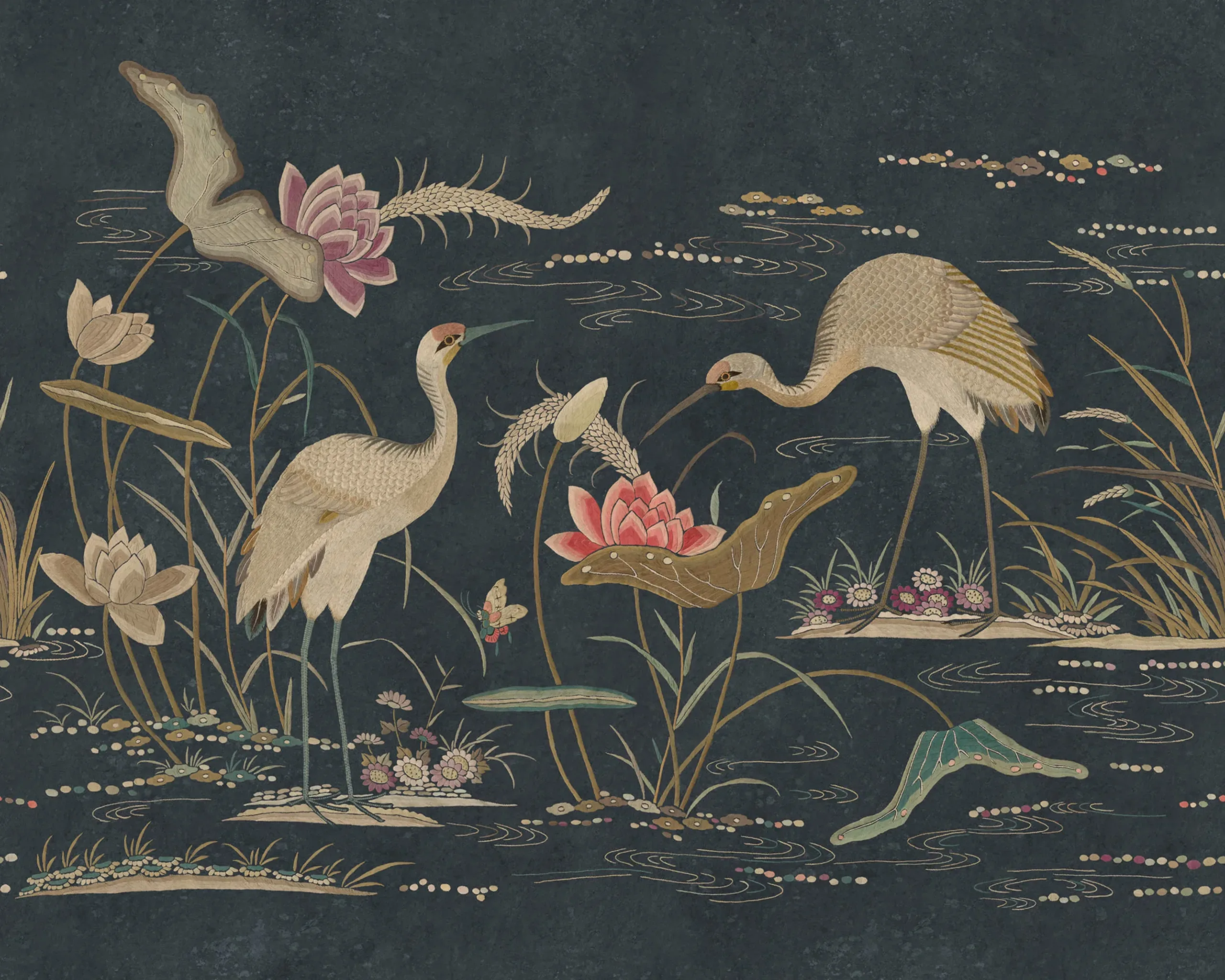 Seabirds Dark Blue Botanical Mural by Sandberg