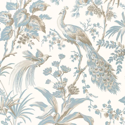 Thibaut PEACOCK TOILE Soft Blue and Beige Bristol Wallpaper AT57828