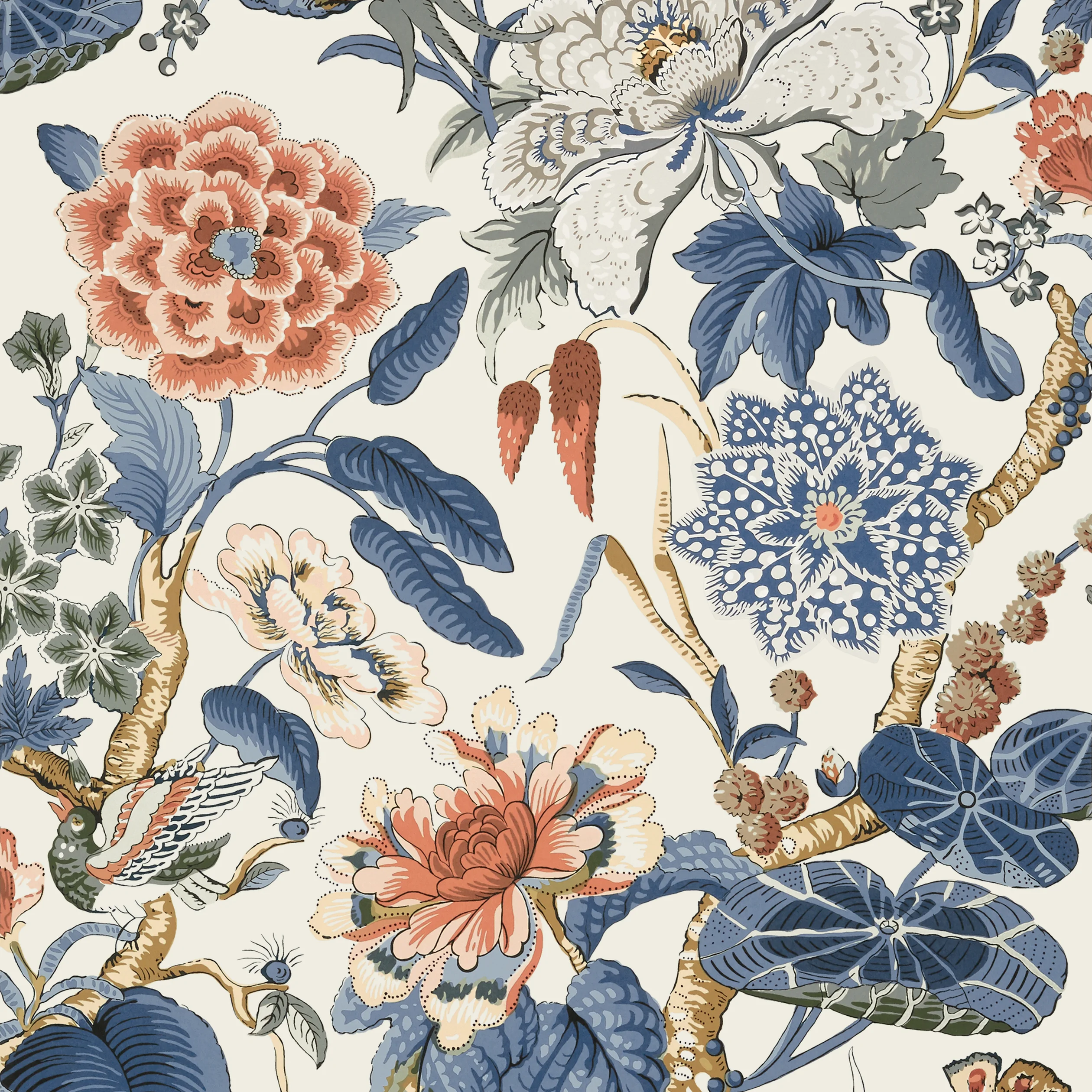 Thibaut HILL GARDEN Wallpaper in Brick and Navy (T13655) Thibaut HILL GARDEN wallpaper in Brick and Navy