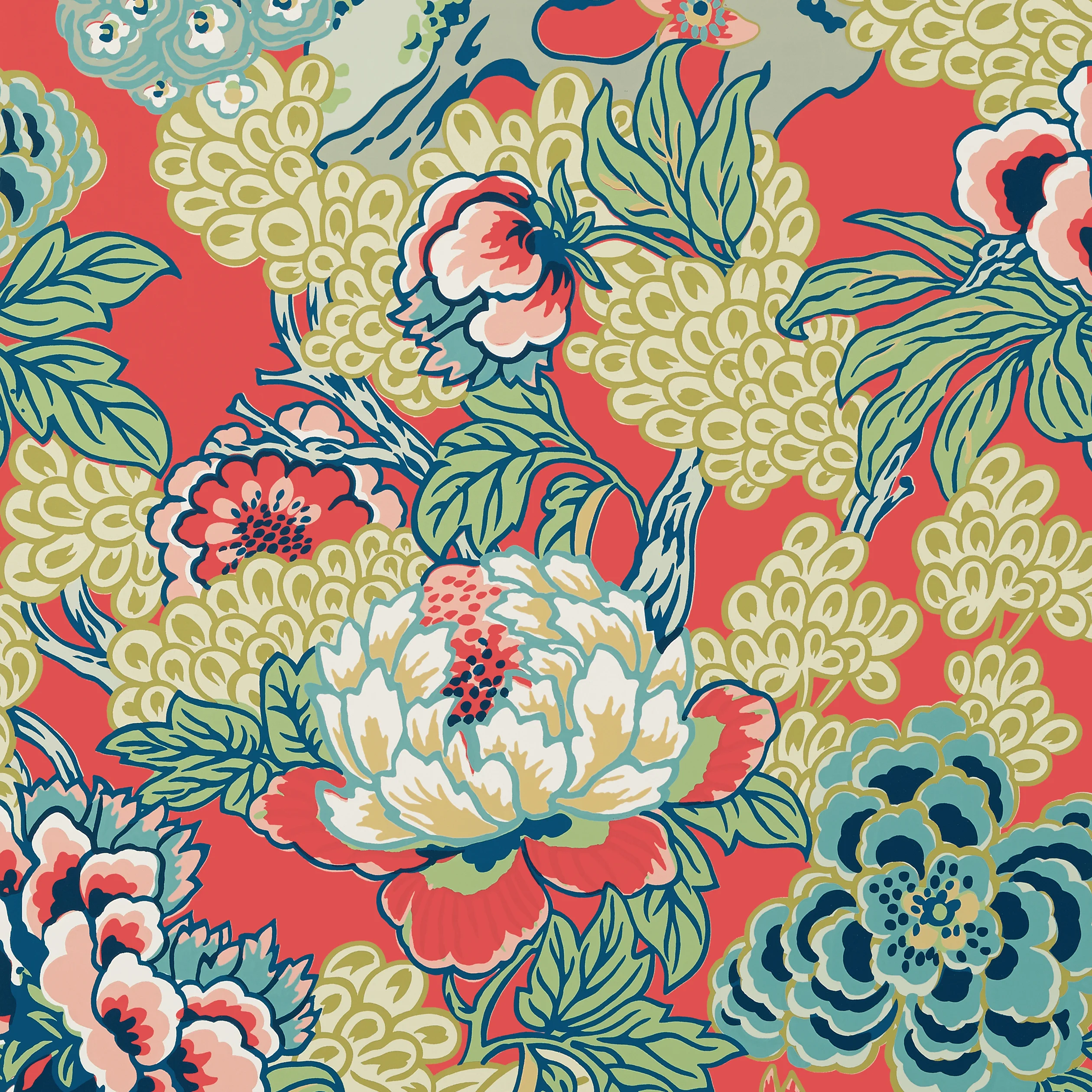Thibaut HONSHU Wallpaper in Coral and Green (T75490) Thibaut HONSHU wallpaper in Coral and Green