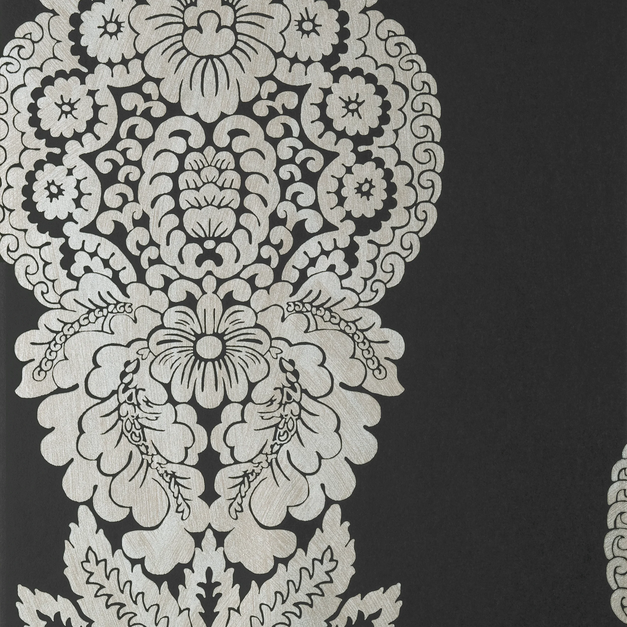 Thibaut ROWAN DAMASK wallpaper in Metallic Silver on Black