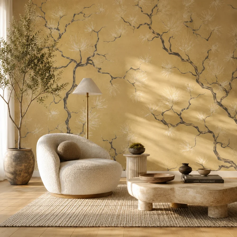 The same living room with wallpaper previewed on the wall