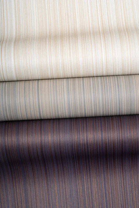 Estria wallcovering, shown in Pearl, Moonstone, Amethyst