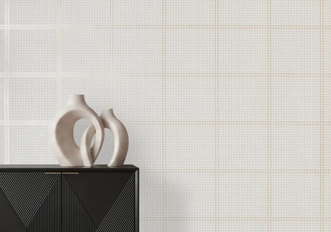 Fifth Avenue Check wallcovering, shown in City Silver
