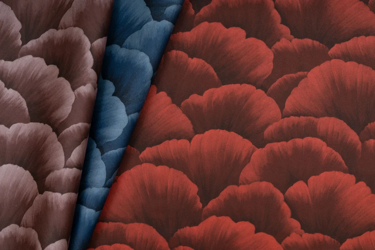 Fleur II wallcovering, shown in Queen of Night, Grasse, Rouge