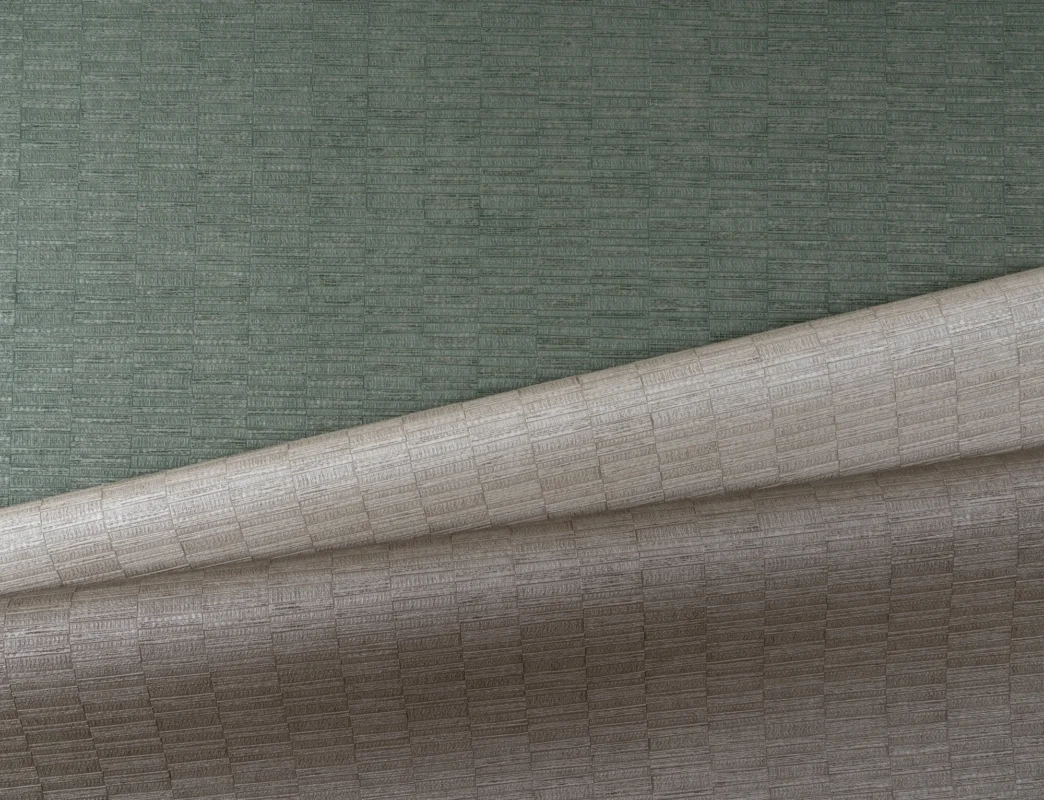 Grid Shift wallcovering, shown in Auric Ore, Quarry, Earthen Weave, Midnight Mineral