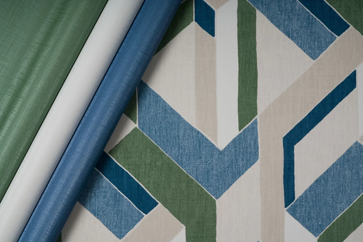 Harriet wallcovering, shown in Morning Calm