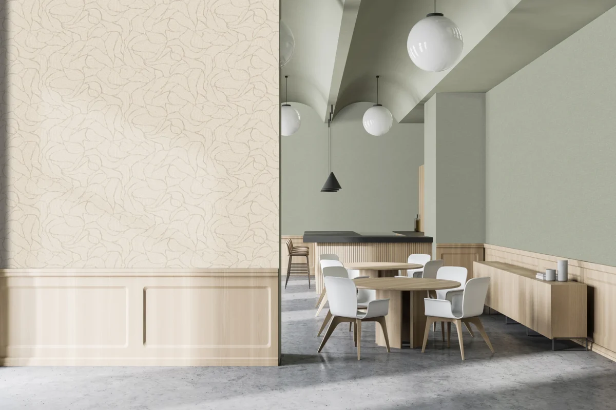Inwood wallcovering, shown in Oatmeal