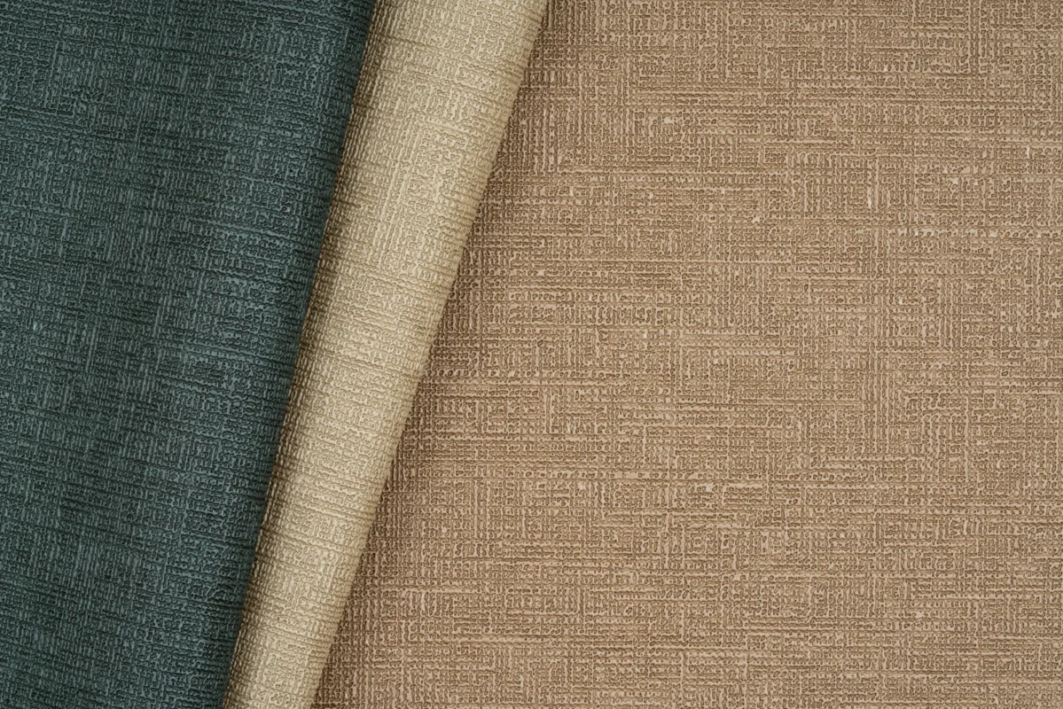 Myralyn wallcovering, shown in Obscura Weave, Tawnlight, Starlatch, Frosted Oat