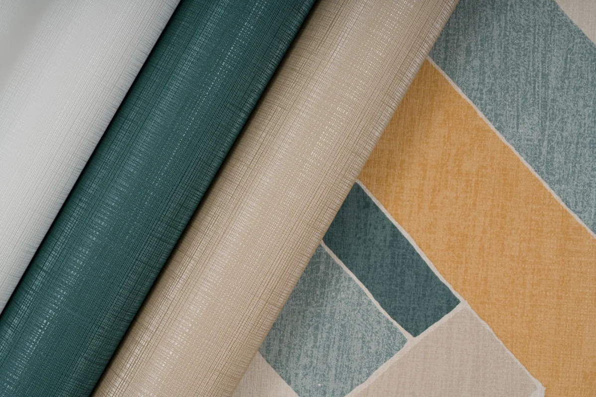 Oliver wallcovering, shown in Modern White, Rocky Shore, Jade