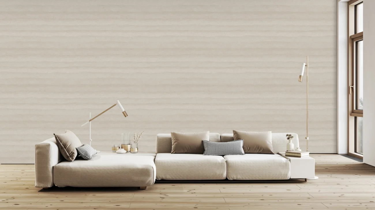Rammed Earth wallcovering, shown in Sand
