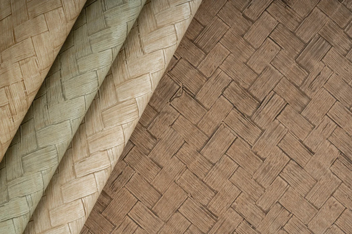 Ratan wallcovering, shown in Honey, Seagrass, Natural Jute, Antique