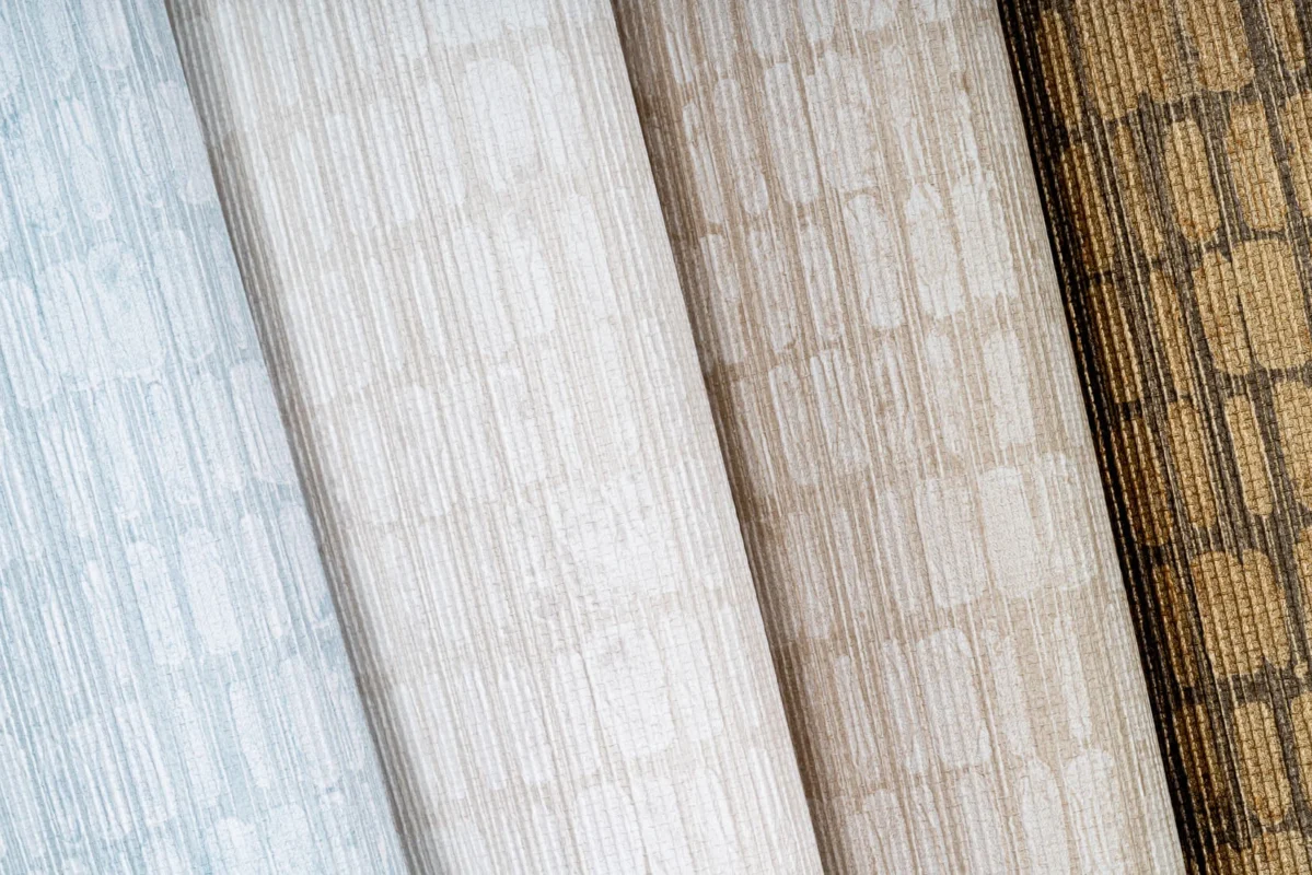 Stitched Sashiko wallcovering, shown in Eclipsis, Whipstitch, Bamboo, Kinshi