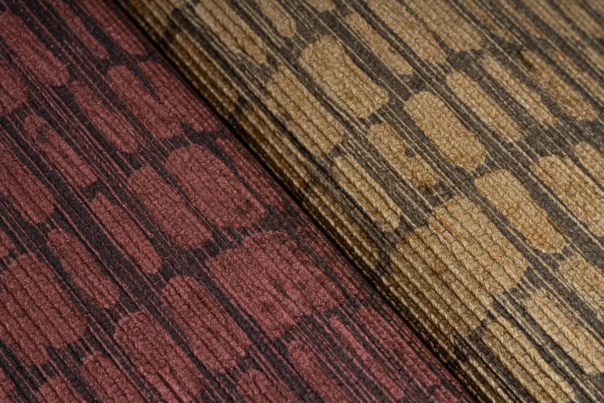 Stitched Sashiko wallcovering, shown in Persimmon Leaf, Kinshi