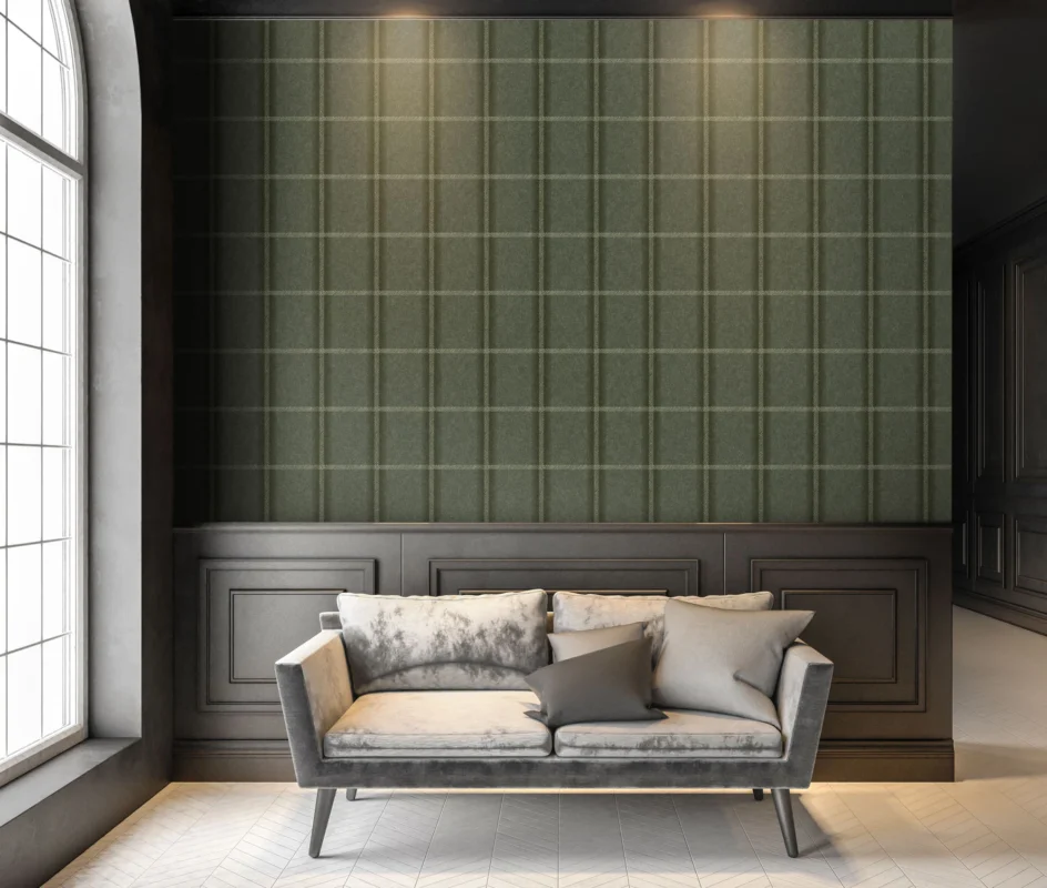 Tattersall Plaid wallcovering, shown in Headlands