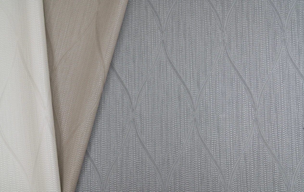 Velora Geo wallcovering, shown in Clouded Pearl, Stonewisp, Slate Drift