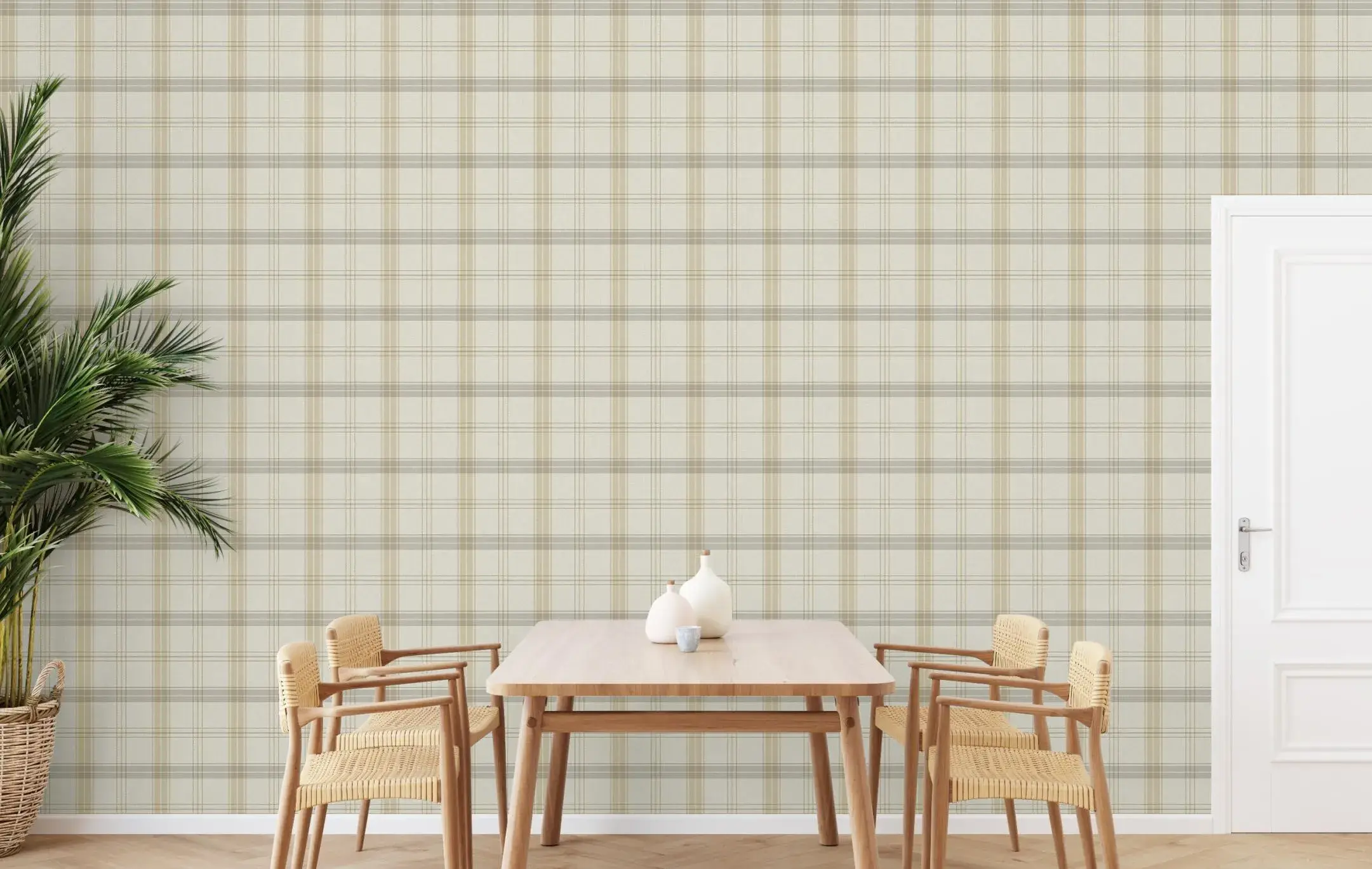 Beige Embossed Wallpaper – Tartan Fabric (3714-1)