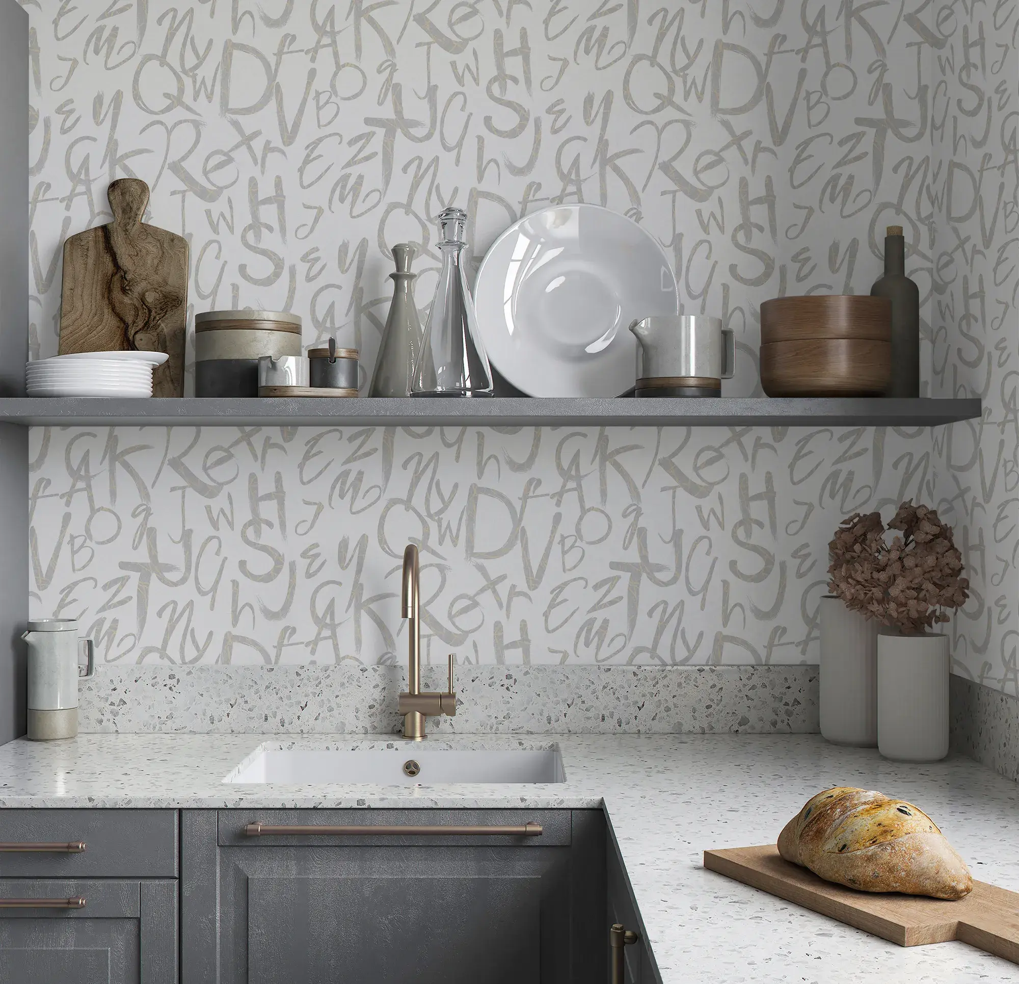 Gray Embossed Wallpaper – Alphabet Educational (4702-1)