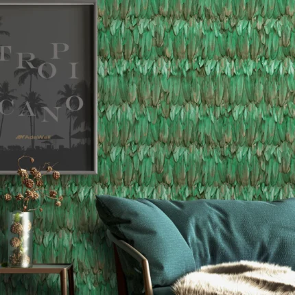 Green Embossed Wallpaper – Tropical Birds (9913-1)