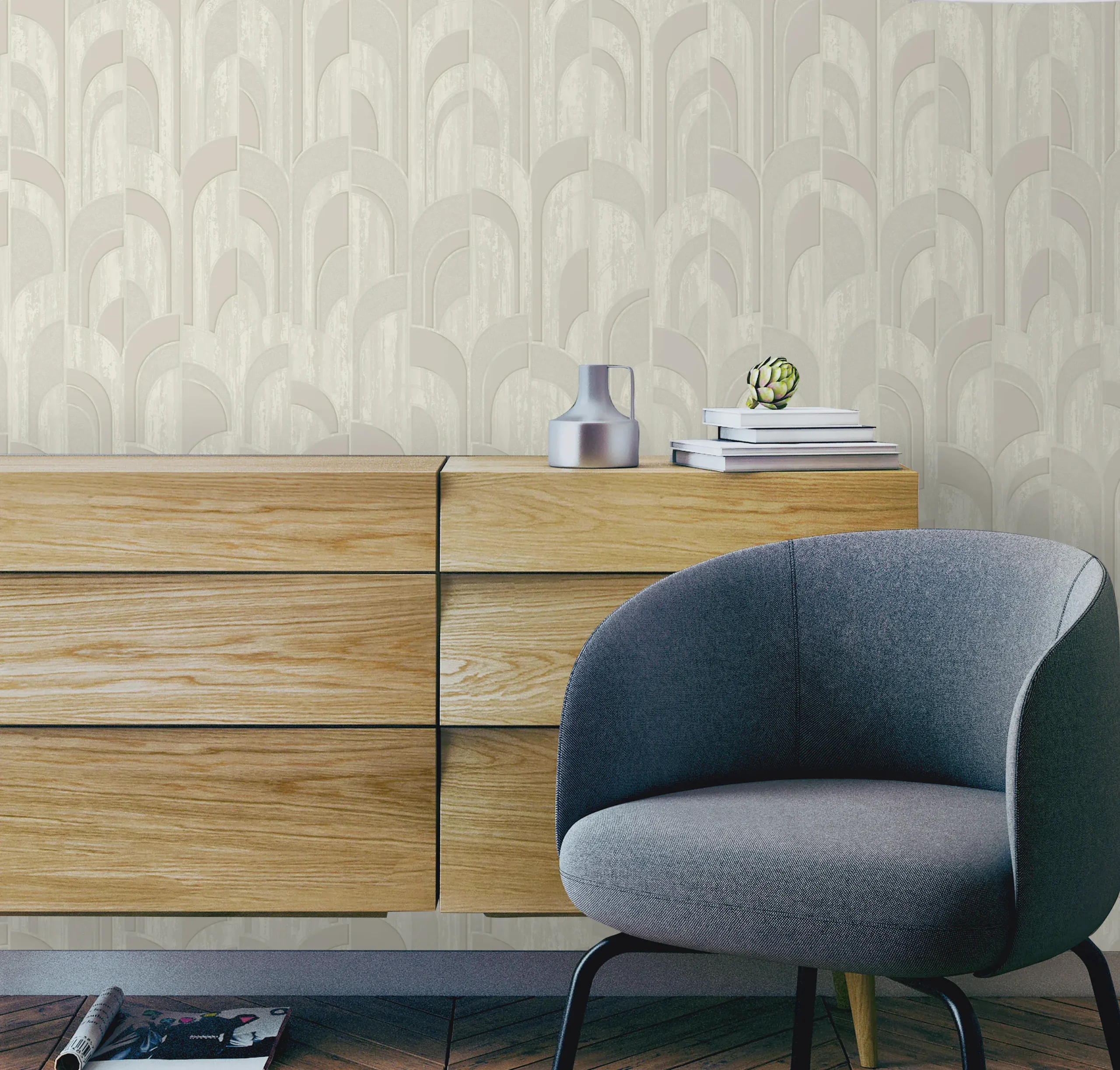 Beige Embossed Wallpaper – Geometric Flocked (1209-1)