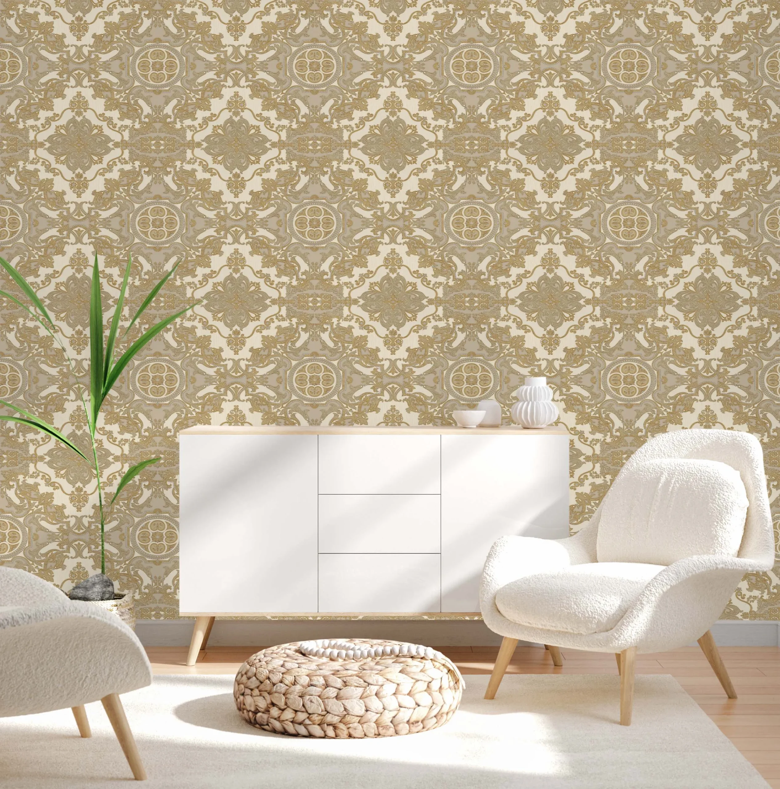 Cream Embossed Wallpaper – Velvet Sophistication (1301-4)
